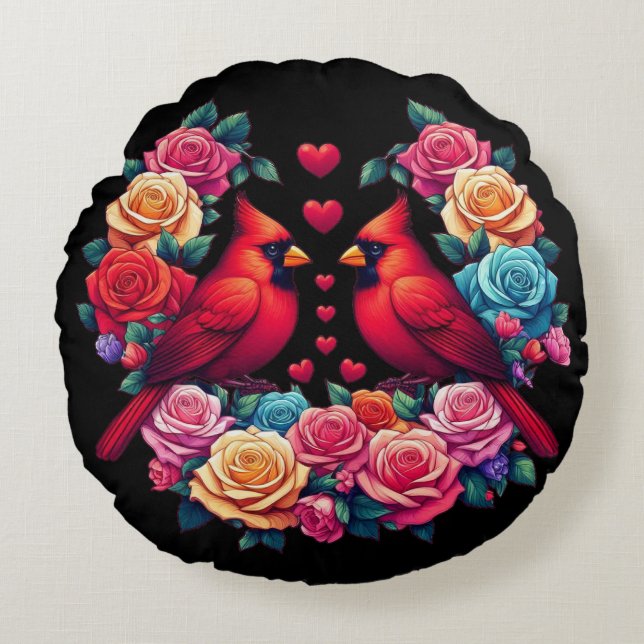 Two Cardinals with Colourful Roses and Hearts Round Cushion (Front)