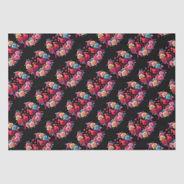 Two Cardinals with Colourful Roses and Hearts Tissue Paper (Front)