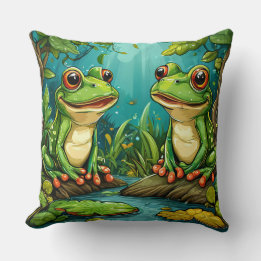 Two Cartoon Frogs Sitting in a Vibrant Forest Cushion