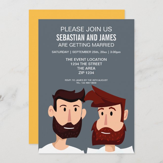 Two Cartoon Grooms With Beards Gay Wedding Themed Invitation (Front/Back)