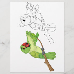 Two cartoon parrots on a branch, one coloured, one flyer