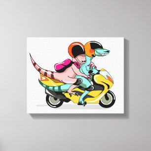 Two Cartoon Raptors Riding A Motor Scooter. Canvas Print
