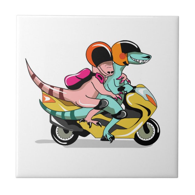 Two Cartoon Raptors Riding A Motor Scooter. Ceramic Tile (Front)
