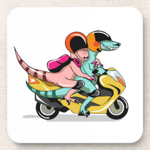 Two Cartoon Raptors Riding A Motor Scooter. Coaster