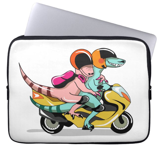Two Cartoon Raptors Riding A Motor Scooter. Laptop Sleeve (Front)