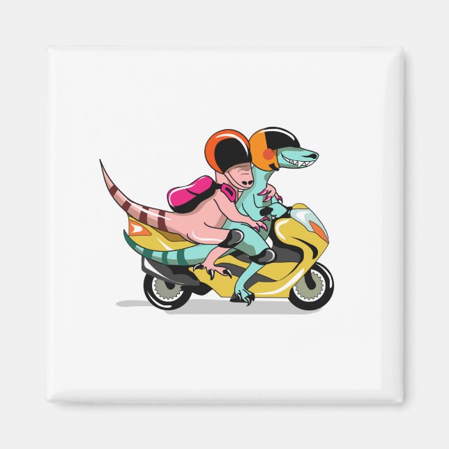 Two Cartoon Raptors Riding A Motor Scooter. Magnet (Front)