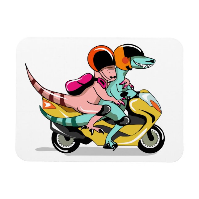 Two Cartoon Raptors Riding A Motor Scooter. Magnet (Horizontal)