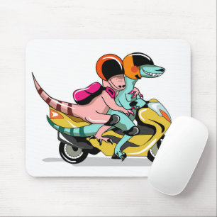 Two Cartoon Raptors Riding A Motor Scooter. Mouse Pad