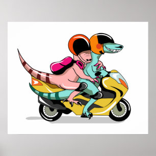 Two Cartoon Raptors Riding A Motor Scooter. Poster