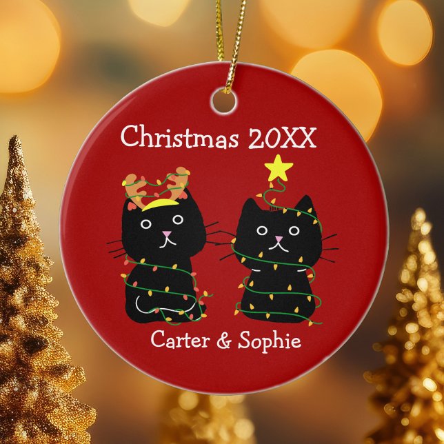 Two Cat Christmas Lights Custom Names Cute Red Ceramic Ornament (Creator Uploaded)