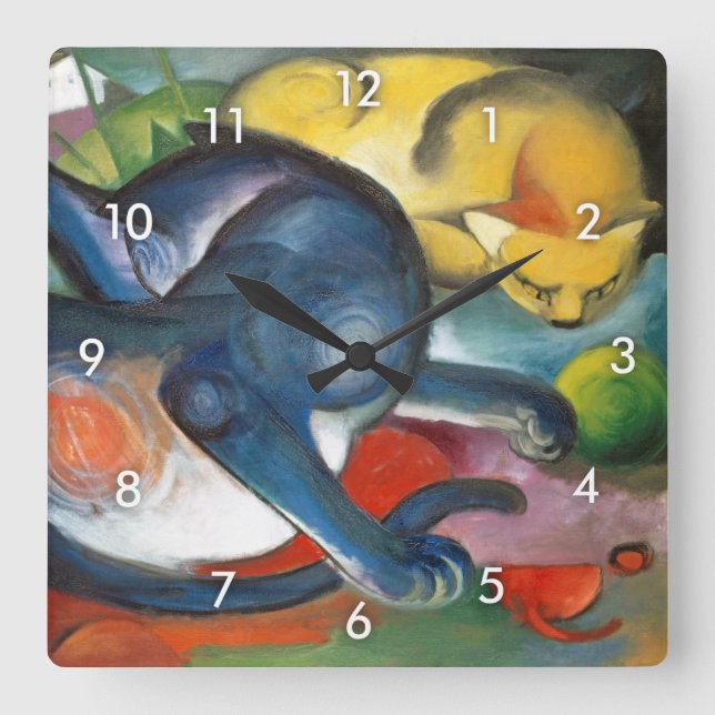 Two Cats, Blue and Yellow, Franz Marc Square Wall Clock (Front)