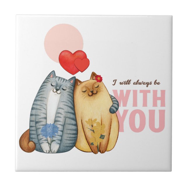 Two cats cuddling with heart shapes and romantic m ceramic tile (Front)