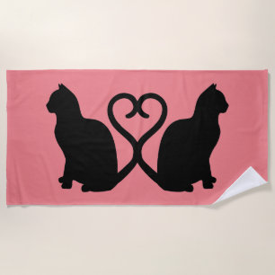 Two Cats Heart Silhouette Beach Towel