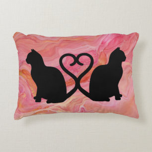 Two Cats Heart Tails on Pink Marble Decorative Cushion