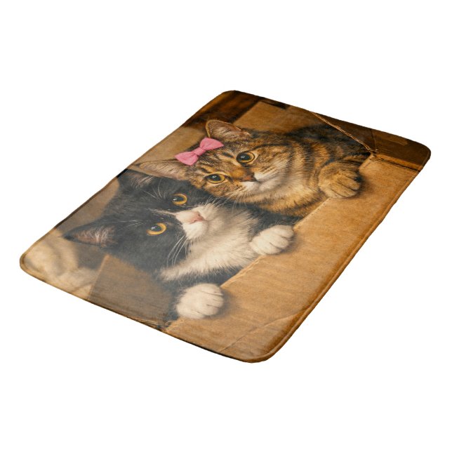 "Two Cats in a Cardboard Box – Cosy Bath Mat (Angled)