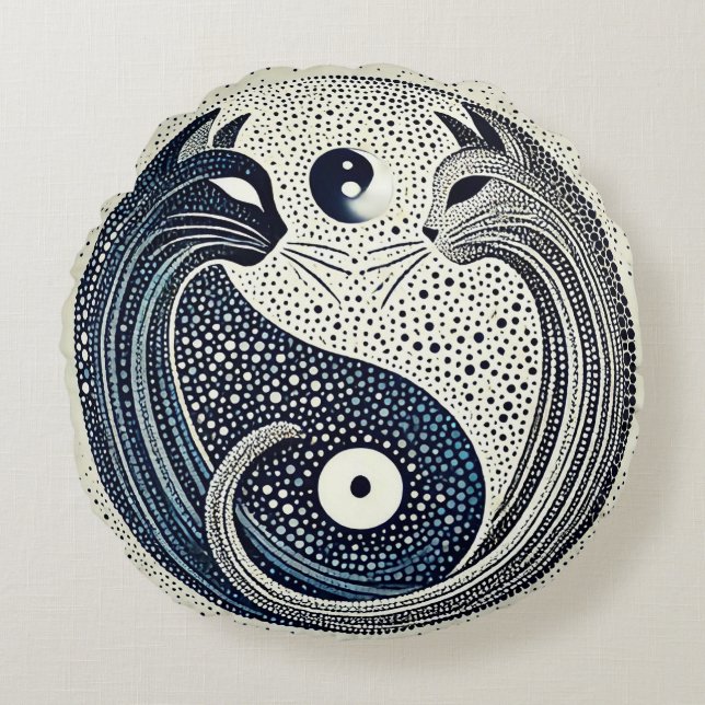 Two Cats in a Dotted Style Yin Yang Design Round Cushion (Front)