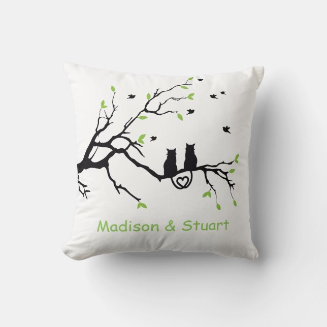 Two Cats In A Tree Black Green Love Personalised Cushion (Front)