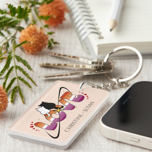 Two Cats In Love Sunset Lesbian Flag Acrylic Key Ring (Front Right)