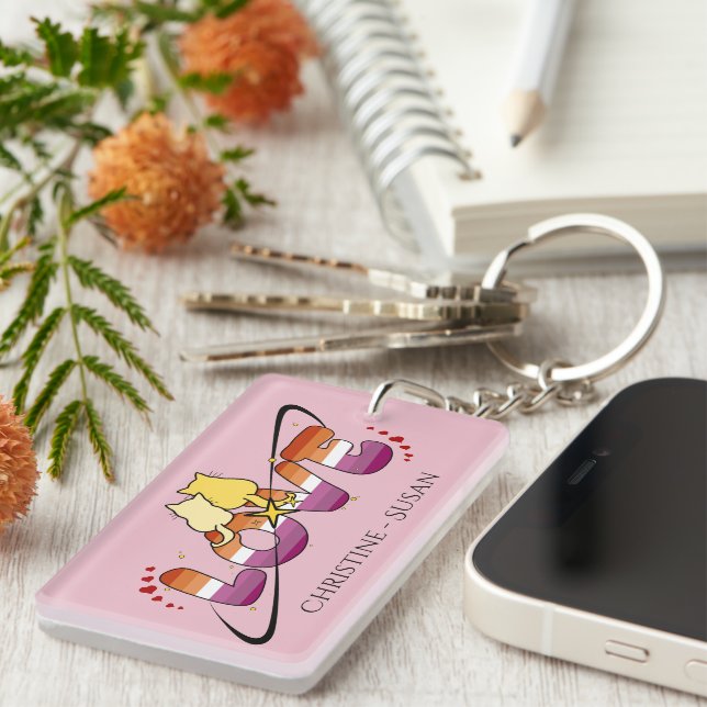 Two Cats In Love Sunset Lesbian Flag Acrylic Key Ring (Front Right)