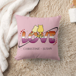 Two Cats In Love Sunset Lesbian Flag Cushion