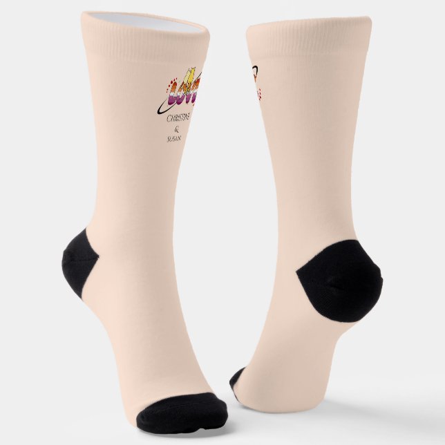 Two Cats In Love Sunset Lesbian Flag Socks (Angled)