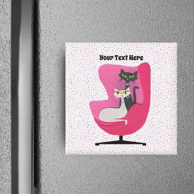 Two Cats in pink Mid Century Chair Pink Dots white Magnet (Mid century cats sitting in bright pink chair pink polka dots on white square magnet.)
