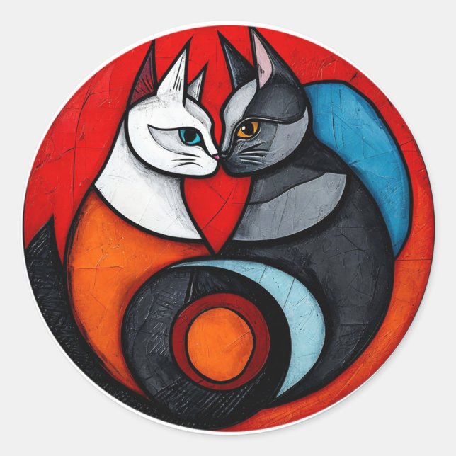 Two Cats in Vibrant Circular Design Classic Round Sticker (Front)
