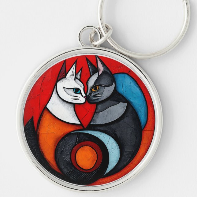 Two Cats in Vibrant Circular Design Key Ring (Front)