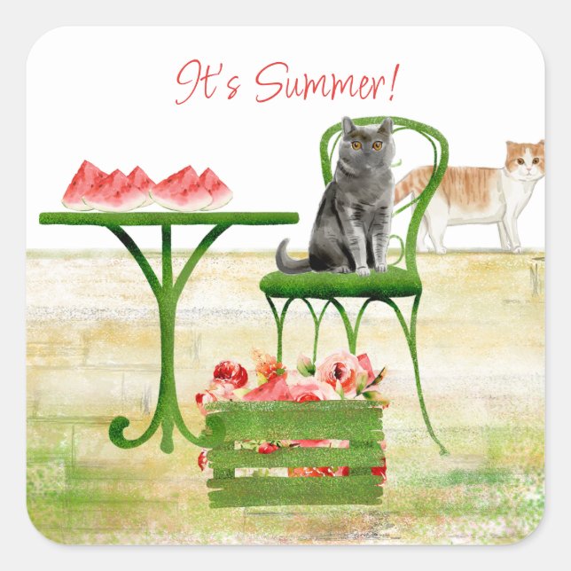 Two Cats on a Patio with Summer Fruits and Flowers Square Sticker (Front)