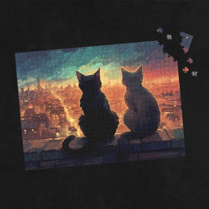 Two Cats on Rooftop Overlooking City at Night Jigsaw Puzzle