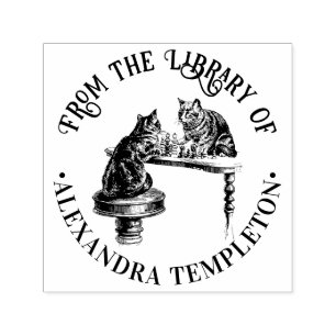 Two Cats playing Chess Match Library Book Name Self-inking Stamp