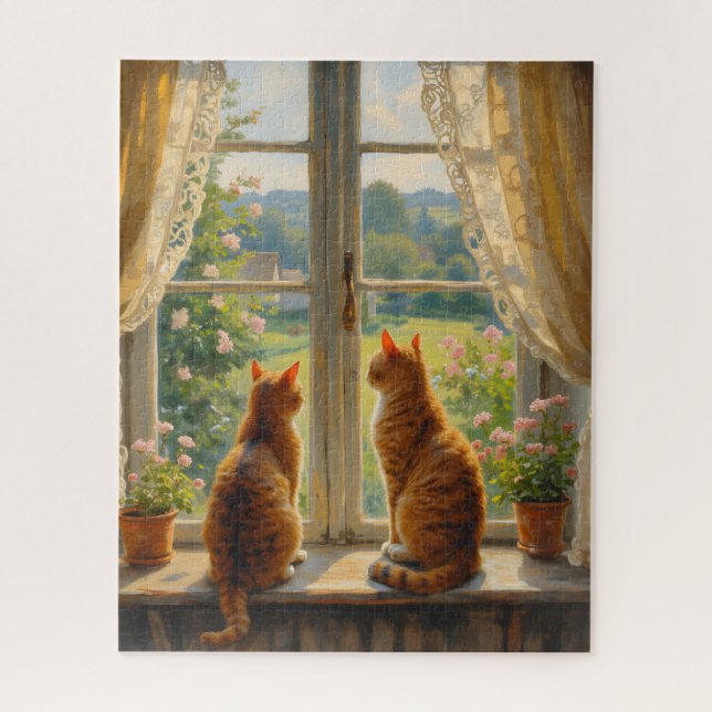 Two Cats sitting in a bay window seat  Jigsaw Puzzle (Vertical)