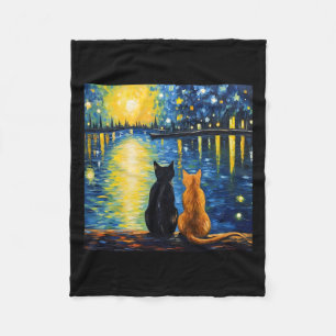 Two Cats Starry Night Lover Cat Art Painting Kitte Fleece Blanket