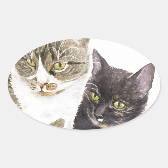 Two cats - tabby and tortie oval sticker (Front)