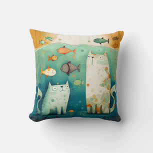 Two cats Watch Fish Floating - Wrapped Canvas Cushion