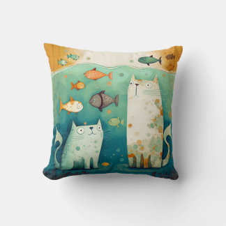 Two cats Watch Fish Floating - Wrapped Canvas Cushion