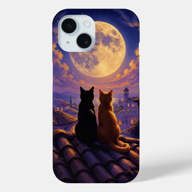 Two Cats Watching Full Moon Night Sky Romantic Case-Mate iPhone Case (Back)
