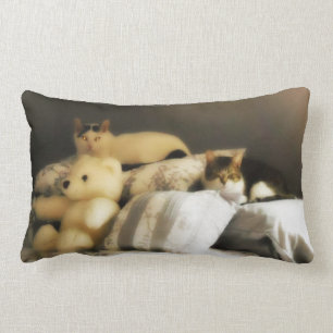 Two Cats with Stuffed Teddy Bear Lumbar Cushion