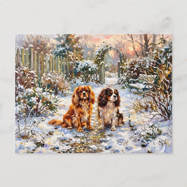Two Cavalier Spaniels on Winter Path Postcard (Front)