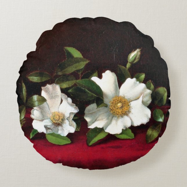 Two Cherokee Roses on Red Velvet Round Cushion (Front)