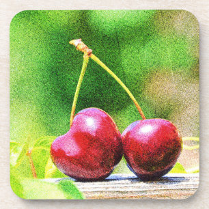 "Two Cherries Fruit" Cute Photo. Buy Now Coaster