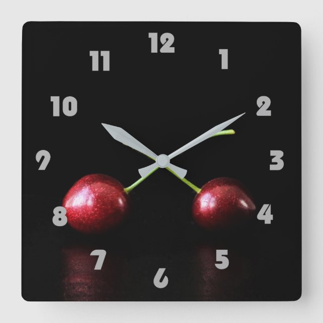 Two Cherries Grey Fat Numbers wcm Square Wall Clock (Front)