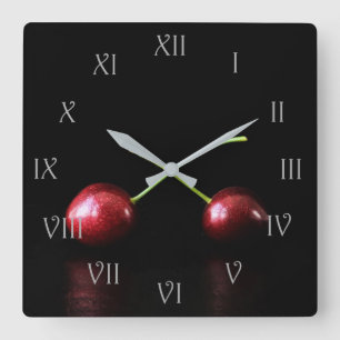 Two Cherries Grey Script Roman Numbers Wall Clock