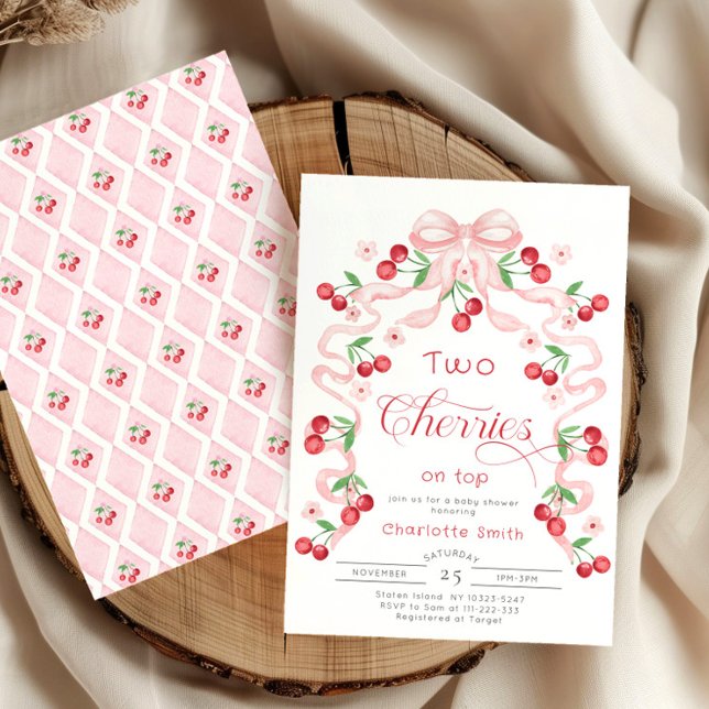 Two Cherries on top pink bow Twin girl Baby shower Invitation (Creator Uploaded)