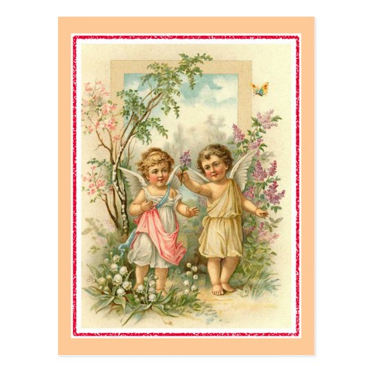 "Two Cherubs in a Garden" Vintage Postcard