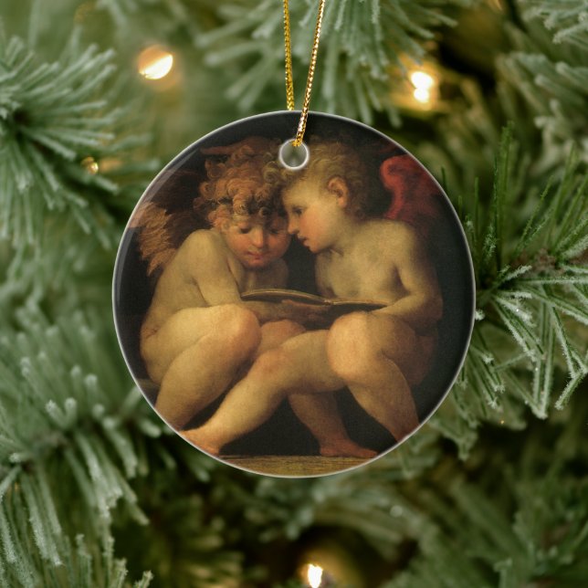 Two Cherubs Reading by Rosso Fiorentino, Angels Ceramic Ornament (Tree)