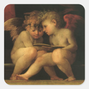 Two Cherubs Reading by Rosso Fiorentino, Angels Square Sticker