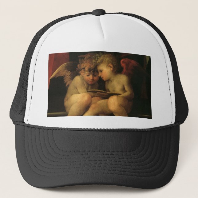 Two Cherubs Reading by Rosso Fiorentino, Angels Trucker Hat (Front)