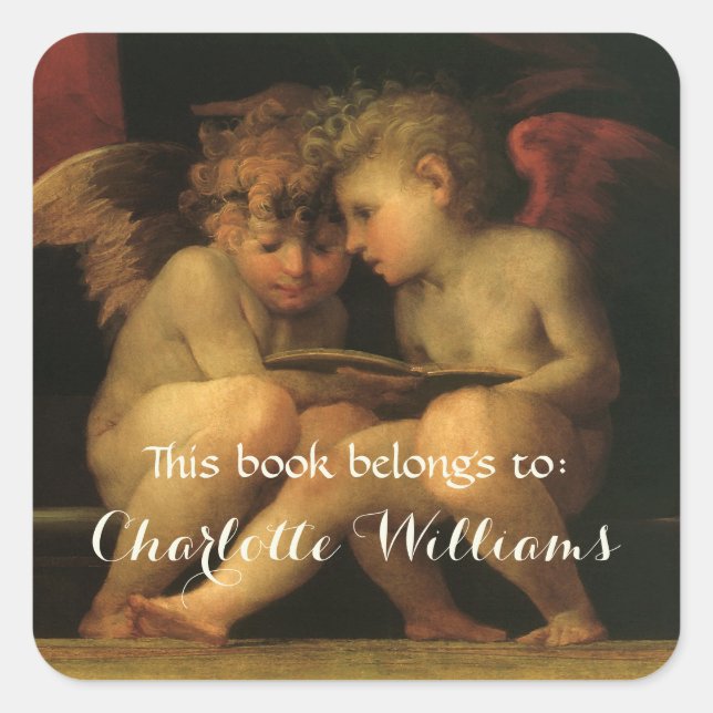 Two Cherubs Reading by Rosso Fiorentino Bookplate Square Sticker (Front)