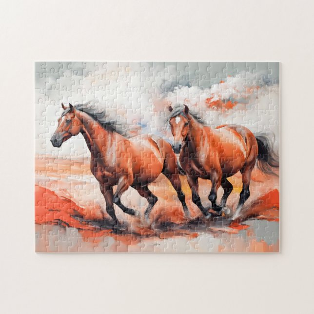 Two Chestnut Horses Running Through Red Sand Jigsaw Puzzle (Horizontal)
